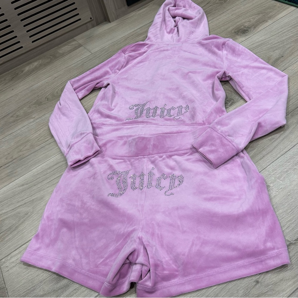 Juicy Couture Pink Velour Hoodie & Shorts Set with Rhinestone Logo